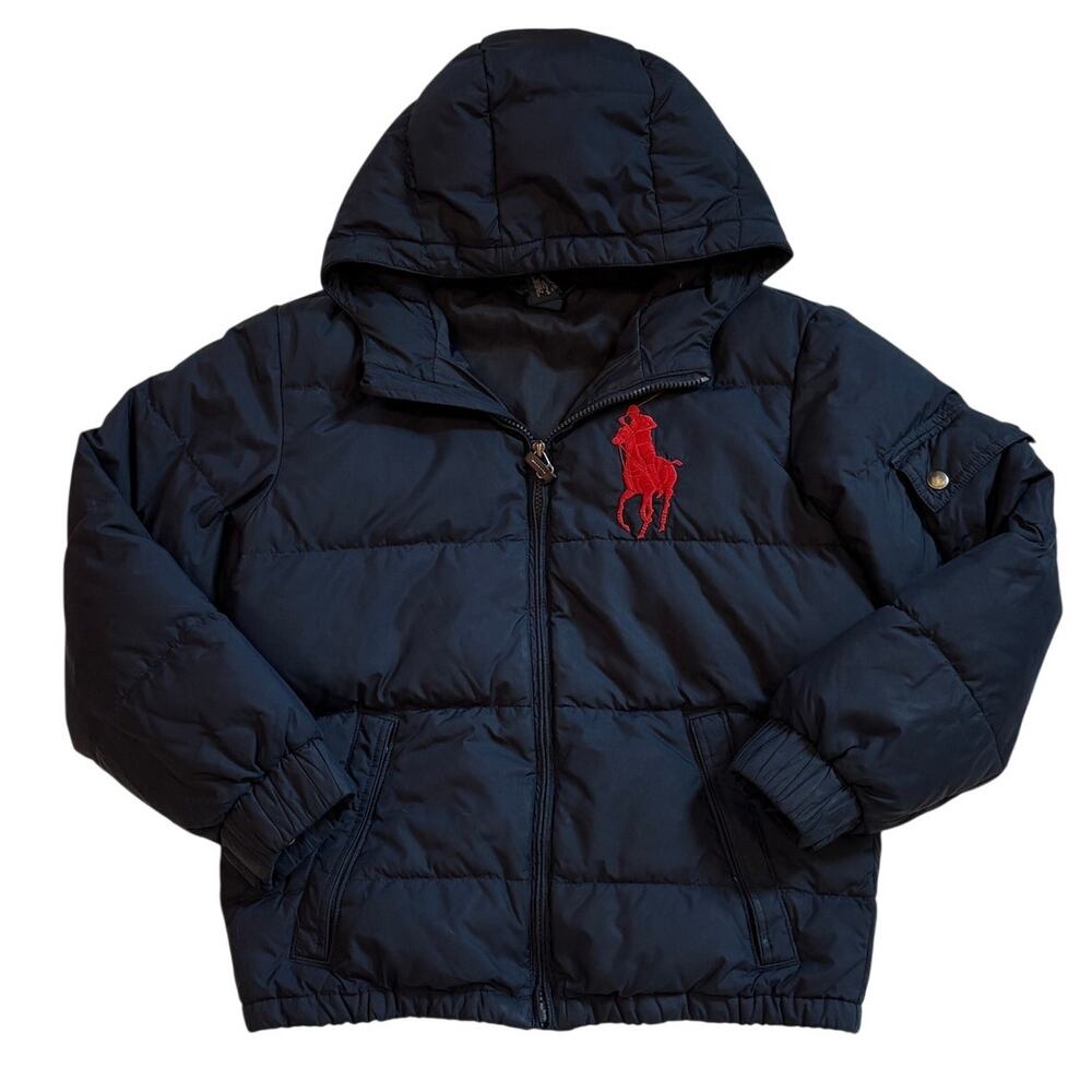 Vintage Polo Ralph Lauren Down Puffer Jacket Boys Medium (10-12) Blue Pig Pony